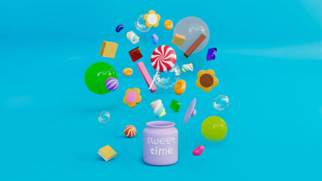 3d illustration 3d render-The dessert floats out of the sweet time jar amidst colorful balls and bubble on the blue background. Lollipops candy marshmallow caramel toffee jelly cookie wafer chocolate.