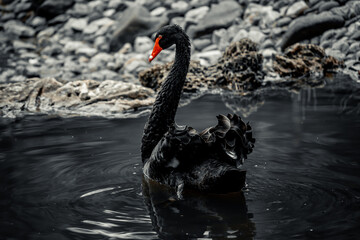 Beautiful horizontal close-up macro detail portrait of black swan with blurred background.