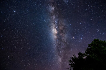 Nature landscape view of universe space of milky way galaxy and stars on sky at night. (Long exposure photograph, with grain.Image contain certain grain or noise and soft focus.)