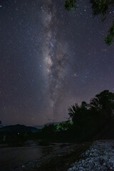 Nature landscape view of universe space of milky way galaxy and stars on sky at night. (Long exposure photograph, with grain.Image contain certain grain or noise and soft focus.)