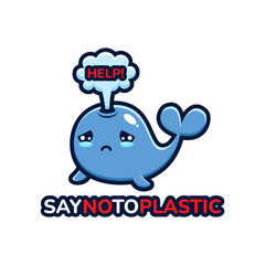 cute whale animal character vector design asking for help with text say no to plastic