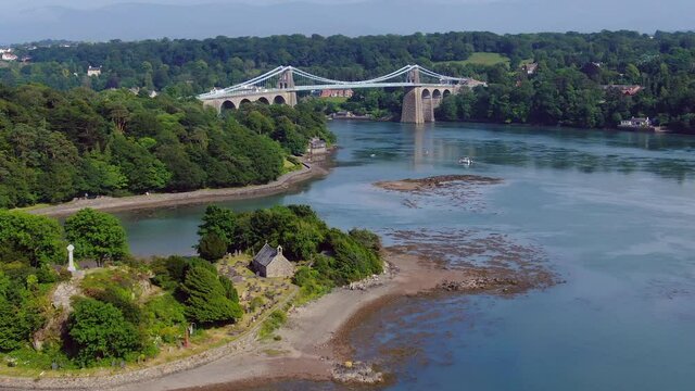 Aerial of the Menai Suspension Bridge, Anglesey, North Wales, United Kingdom