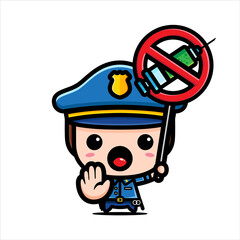 cute police character vector design holding no drug injection sign