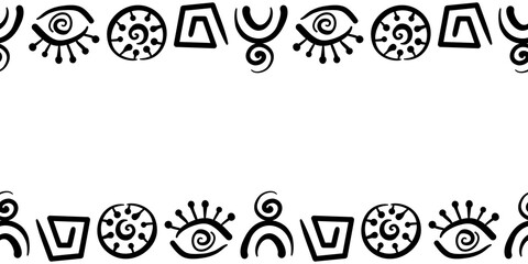 Vector doodles of ancient ethnic traditional symbols. Seamless border. Hand drawn Ritual screen printing.