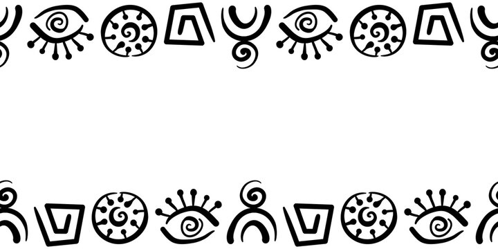 Vector doodles of ancient ethnic traditional symbols. Seamless border. Hand drawn Ritual screen printing.
