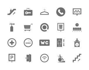Set of Public Navigation Grey Icons. Hanger, Coffee, Toilet, Elevator and more.