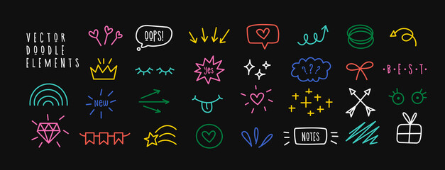 Set of various doodle elements. Cute simple symbols for design and decoration. 