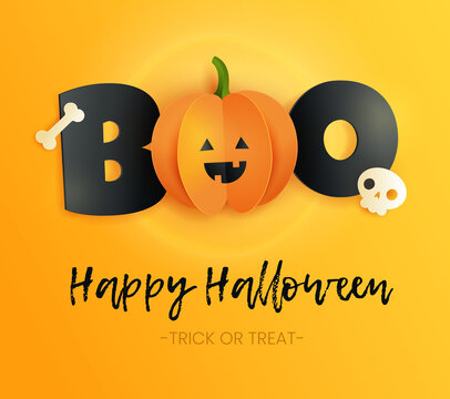 Happy Halloween card with inscription boo, skull , bone and pumpkin in paper cut style. Funny paper pumpkin with black letters on yellow background. 