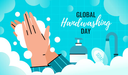 Global handwashing day. Person washes hands with a foam dispenser to prevent infection.
