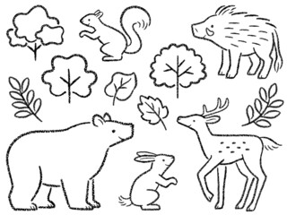 森の動物達の手描き風線画イラスト