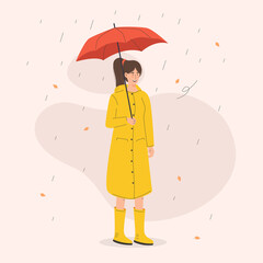 A young woman standing under umbrella wearing rain coach
