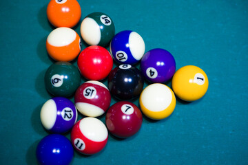 Billards Snooker balls on blue game table top view