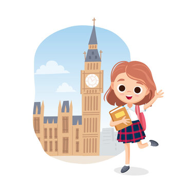 Vector template for Learning English classes. School girl with book waving with hand with London image on backdrop. England well-known landmarks, Big Ben and the Houses of Parliament on background.