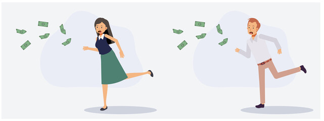 set of male and female running up to catching money note.Lack of money concept. Flat vector 2d cartoon character illustration.