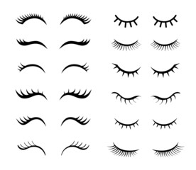 Eyelashes for girls simple vector illustrations set. Collection of mascara styles for makeup, closed girly eyes with beautiful lashes isolated on white background. Beauty, fashion, makeup concept