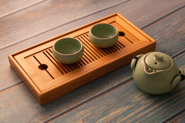 tea set on bamboo