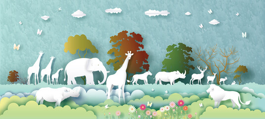 World Animals Day with deer, elephant, lion, giraffe, rabbit, butterfly.