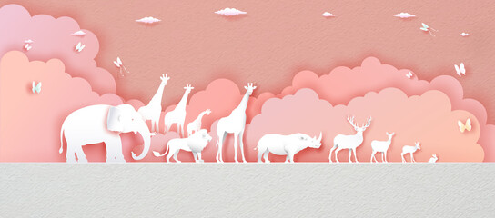 World Animals Day in pink background with deer, elephant, lion.