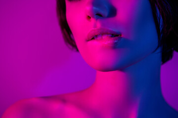 Cropped photo calm girl with naked shoulders biting lips seductive isolated neon color background