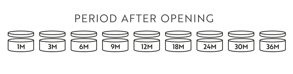 PAO vector icon set. Period after opening symbols. Can with open cap with expiration period in months.
