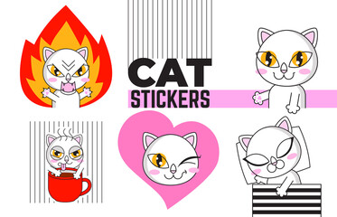 Cute cat set stickers isolated on white