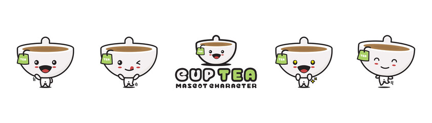 cute cup tea mascot character, drink cartoon illustration, with different facial expressions and poses