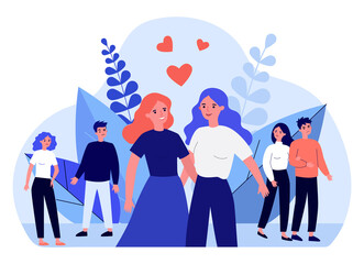 Cartoon people judging happy lesbian couple. Angry persons avoiding two gay women flat vector illustration. LGBT, love, relationship, tolerance concept for banner, website design or landing web page - obrazy, fototapety, plakaty