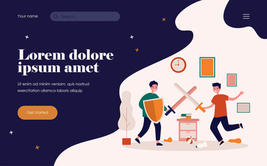 Happy boys having fun and fighting on plastic swords. Shield, knight, room flat vector illustration. Game and childhood concept for banner, website design or landing web page