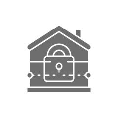 House with lock, home security, insurance grey icon.