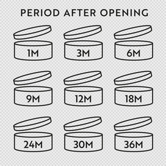 PAO vector icon set. Period after opening symbols. Can with open cap with expiration period in months.