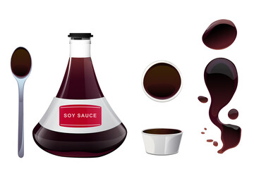 Soy asian sushi sauce in bowl, glass bottles and spoon with sauce puddles . Realistic elements for food icon and design