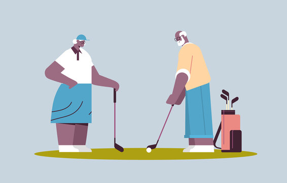 senior woman man couple playing golf aged african american family players taking a shot active old age