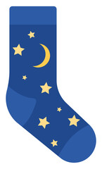 Dark blue sock with stars and moon, illustration, vector on a white background. © Morphart