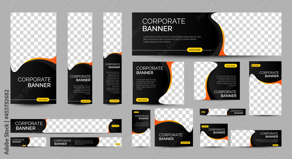 Poster abstract banner design web template set, horizontal header web banner. modern gradient black cover h