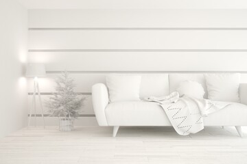 White minimalist living room with sofa. Scandinavian interior design. 3D illustration