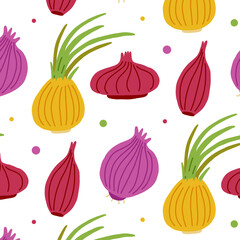 Seamless onion pattern with circles. Vector vegetable hand drawn digital paper