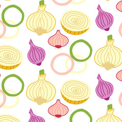 Seamless pattern onion slices. Vector vegetable hand drawn digital paper