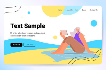 senior woman relaxing on beach aged lady using tablet pc summer vacation active old age concept