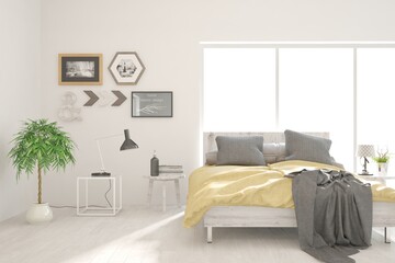 Soft color bedroom interior. Scandinavian design. 3D illustration