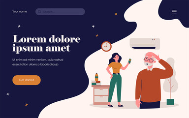 Young woman turning on air conditioner. Senior man feeling hot, sweating with heat flat vector illustration. Hot weather, home appliance concept for banner, website design or landing web page