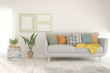 White living room with sofa. Scandinavian interior design. 3D illustration