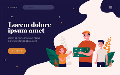 Smiling man holding box with fishes and surrounded kids. Girl, boy, aquarium flat vector illustration. Fun and domestic animals concept for banner, website design or landing web page