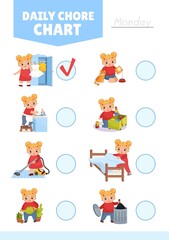 Daily routine chore chart. Cute little girl is doing household chores. Illustration in cartoon style.