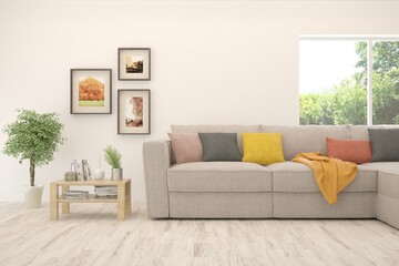 Minimalist living room in white color with sofa and summer landscape in window. Scandinavian interior design. 3D illustration