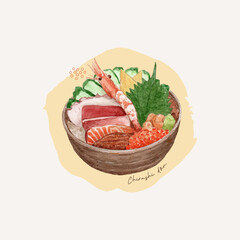 chirashi don, hand draw water color vector. Japanese food.