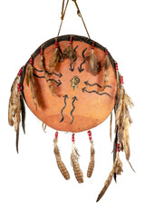 Shield of the North American Indians made of rawhide, painted and adorned with feathers