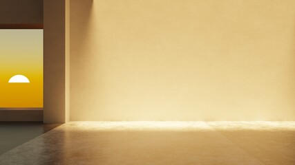 Abstract empty room with wall and window. Sunset and  warm light. 3D rendering.