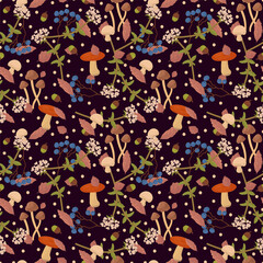 Autumn pattern with mushrooms and berries. Seasonal background Berries, Forest mushrooms, Flowers, Leaves. Natural doodle textures for textiles on a dark background. Vector illustration