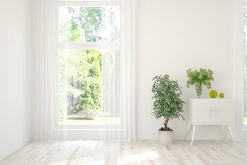 White empty room with summer landscape in window. Scandinavian interior design. 3D illustration