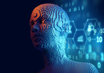 3d illustration of cubic human form on technology background.